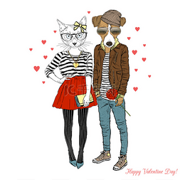 cat and dog hipsters couple