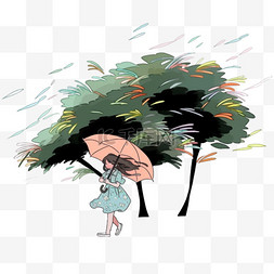 手绘刮大风图片_台风狂风中打伞的女孩手绘免抠元