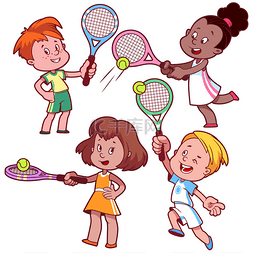 卡通小孩打网球。矢量剪辑艺术插