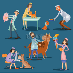 兽医与可爱的宠物卡通矢量插图