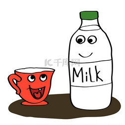 一瓶牛奶和一杯白色背景。矢量插