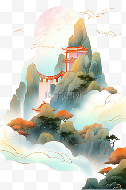 山水凉亭绘画图片_水彩画云雾凉亭手绘山水元素