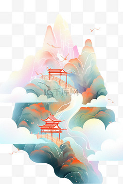 山水凉亭绘画图片_水彩画云雾凉亭山水手绘元素