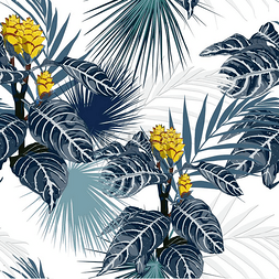 黄色的热带花和蓝色的背景植物. 