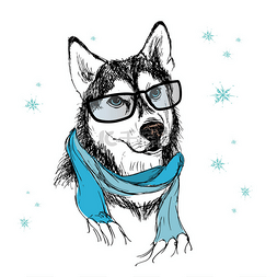 时尚狗用眼镜和围巾, 手绘, 股票