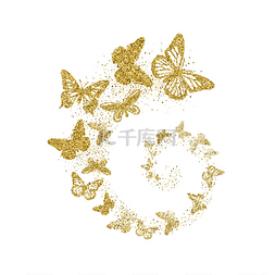 金色的闪光蝴蝶在白色的背景上螺