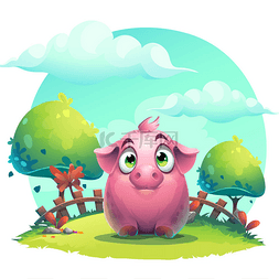 向量动画片大猪在草坪上的背景。