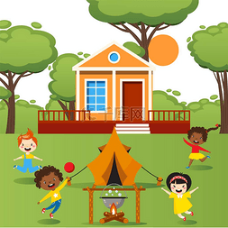 Children playing with tent outdoor, happy kid