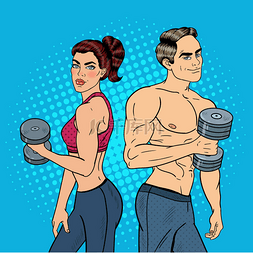 Pop Art Athletic Man and Woman Exercising wit