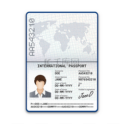 国际女性护照模板, 照片, 签名和