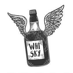飞行威士忌酒精瓶与翅膀素描雕刻