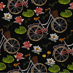 刺绣自行车和水百合的花无缝模式