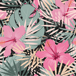 纺织品花纹图片_含热带棕榈叶和芙蓉花的无缝虫草