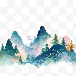 山水树木水彩画手绘元素