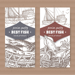 产品标签图片_与钓鱼船、 鱼类及海鲜篮白色背