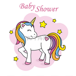 婴儿沐浴图片_婴儿沐浴卡。星星环绕的可爱独角