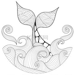 sketch矢量图片_Whale tail in waves, zentangle style. Freehan
