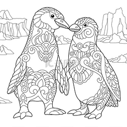 热恋中的情侣图片_Zentangle 程式化的企鹅夫妇