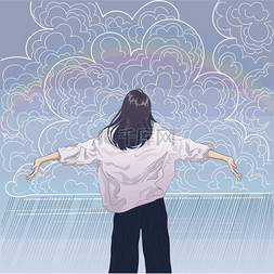 3.女孩向天空中的雨云和彩虹伸出