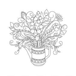 白色茶壶,装饰线条,手绘涂鸦花束.