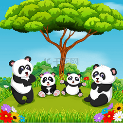 在树下图片_在树下一起玩耍的熊猫的美景