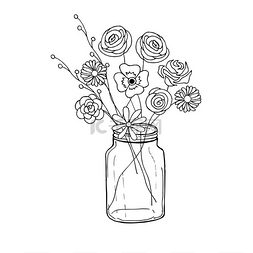 在罐子里涂鸦可爱的花。单色素描
