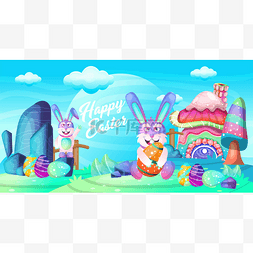 复活节快乐！复活节兔子和鸡蛋在