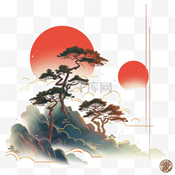 彩色松树水彩画山峰红日手绘元素