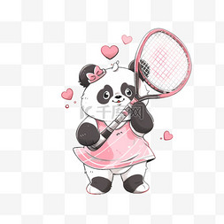 手绘可爱熊猫拿着网球拍卡通元素