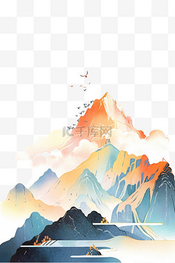 白色山水背景图片_山水夕阳松树元素手绘水彩画