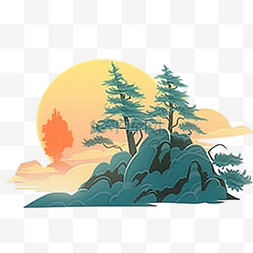 红日图片_日出松树山峰手绘元素水彩画