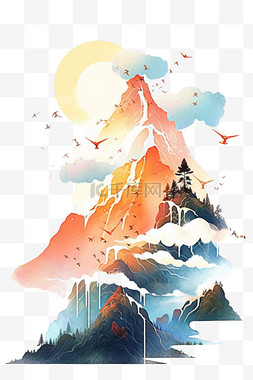 山水夕阳背景图片_松树手绘山水夕阳水彩画元素