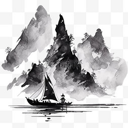 白色山水背景图片_水墨画手绘山水小船元素