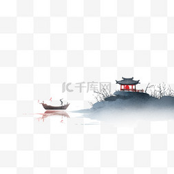 白色山水背景图片_彩色水墨画山水小船日出手绘元素