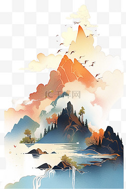 山水夕阳背景图片_山水夕阳松树手绘元素水彩画