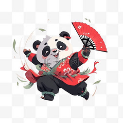 跳舞熊猫图片_熊猫拟人化拿着扇子手绘免抠元素