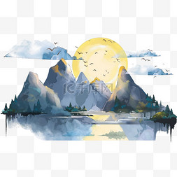 山水深色背景图片_山水夕阳松树元素手绘水墨画