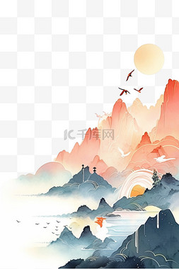 山水夕阳背景图片_水彩画元素山水夕阳松树手绘