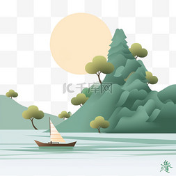 山水风景日出松树小船手绘元素