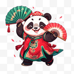 跳舞熊猫图片_手绘元素熊猫拟人化拿着扇子