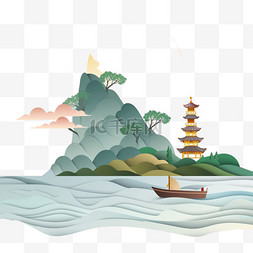 白色山水背景图片_山水风景日出小船松树手绘元素