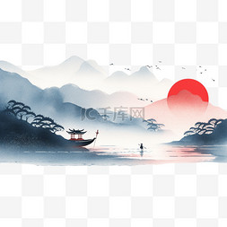 白色山水背景图片_水墨画彩色山水小船日出手绘元素