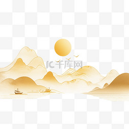 手绘简约山水图片_手绘山水元素金色线条简约