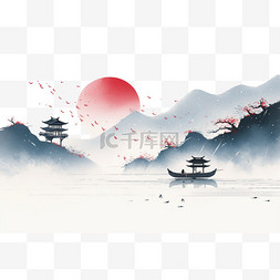 白色山水背景图片_手绘水墨画彩色山水小船日出元素