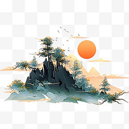 红日图片_彩色水彩画松树山峰红日元素手绘