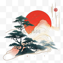红日图片_彩色松树山峰水彩画红日手绘元素