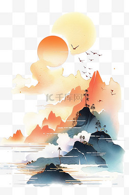 夕阳松树山水手绘水彩画元素