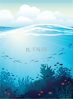 蓝色插画大海背景图片_珊瑚和鱼。水下的海.