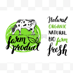 Vintage retro farm logo with cow in the meado