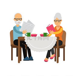 丰富多彩的背景图片_坐在桌子旁边的年长夫妇字符，喝